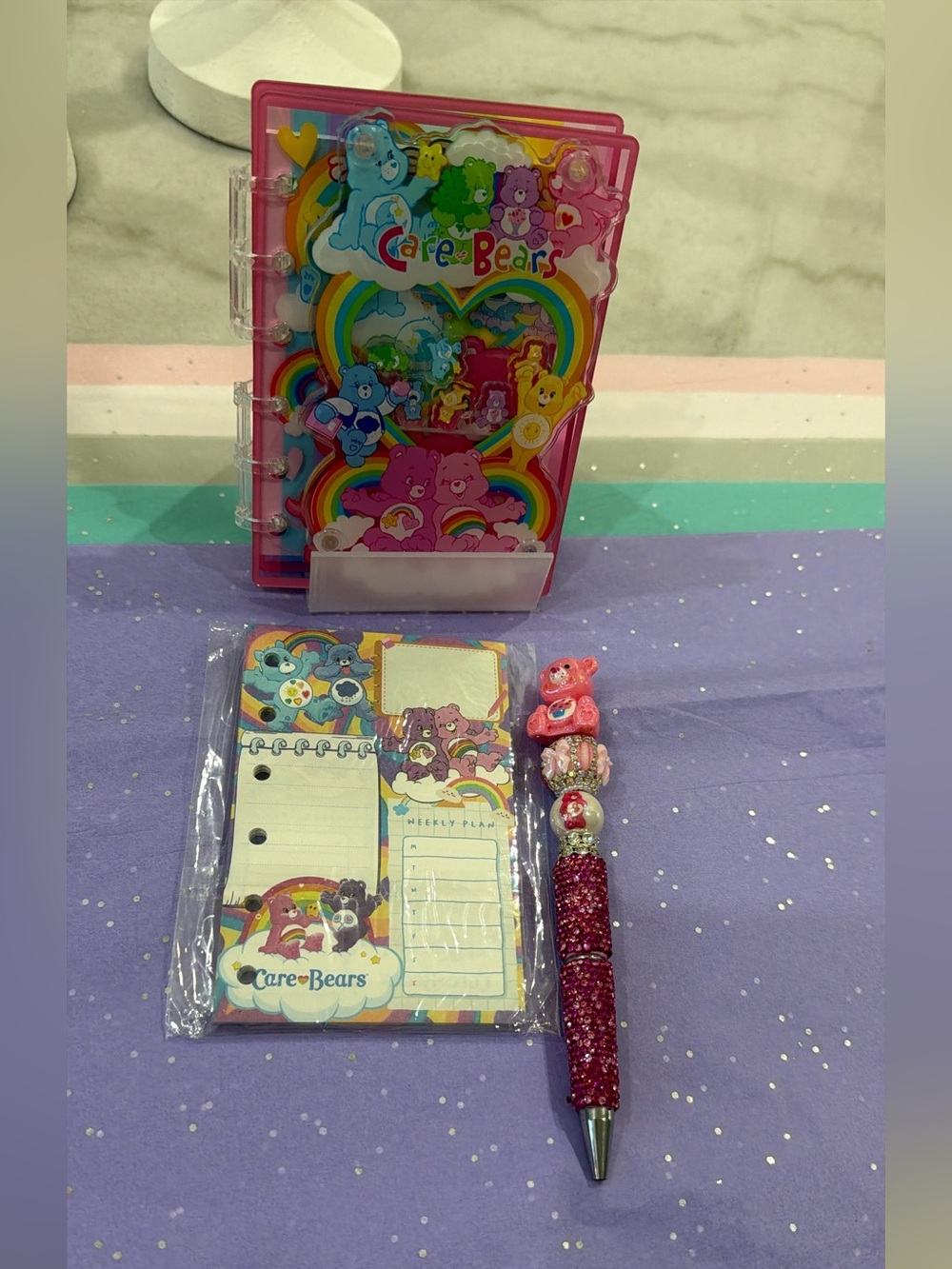 Care Bears Pink Glitter Pen and Rainbow Notepad Set